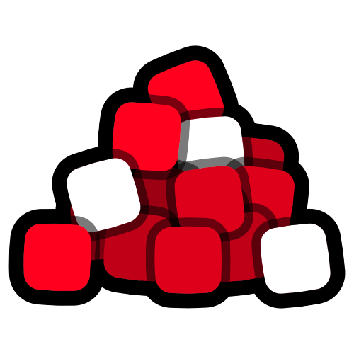 a pile of cubes, mostly red an with a few white, drawn in simplistic style with thick black outlines.